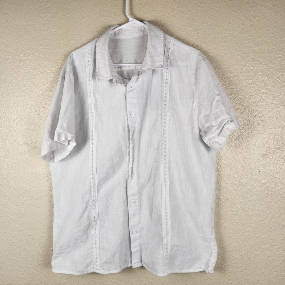 Flax Shirt Mens Extra Large White Embroidered Flax Blend Coastal‎ Beachcore